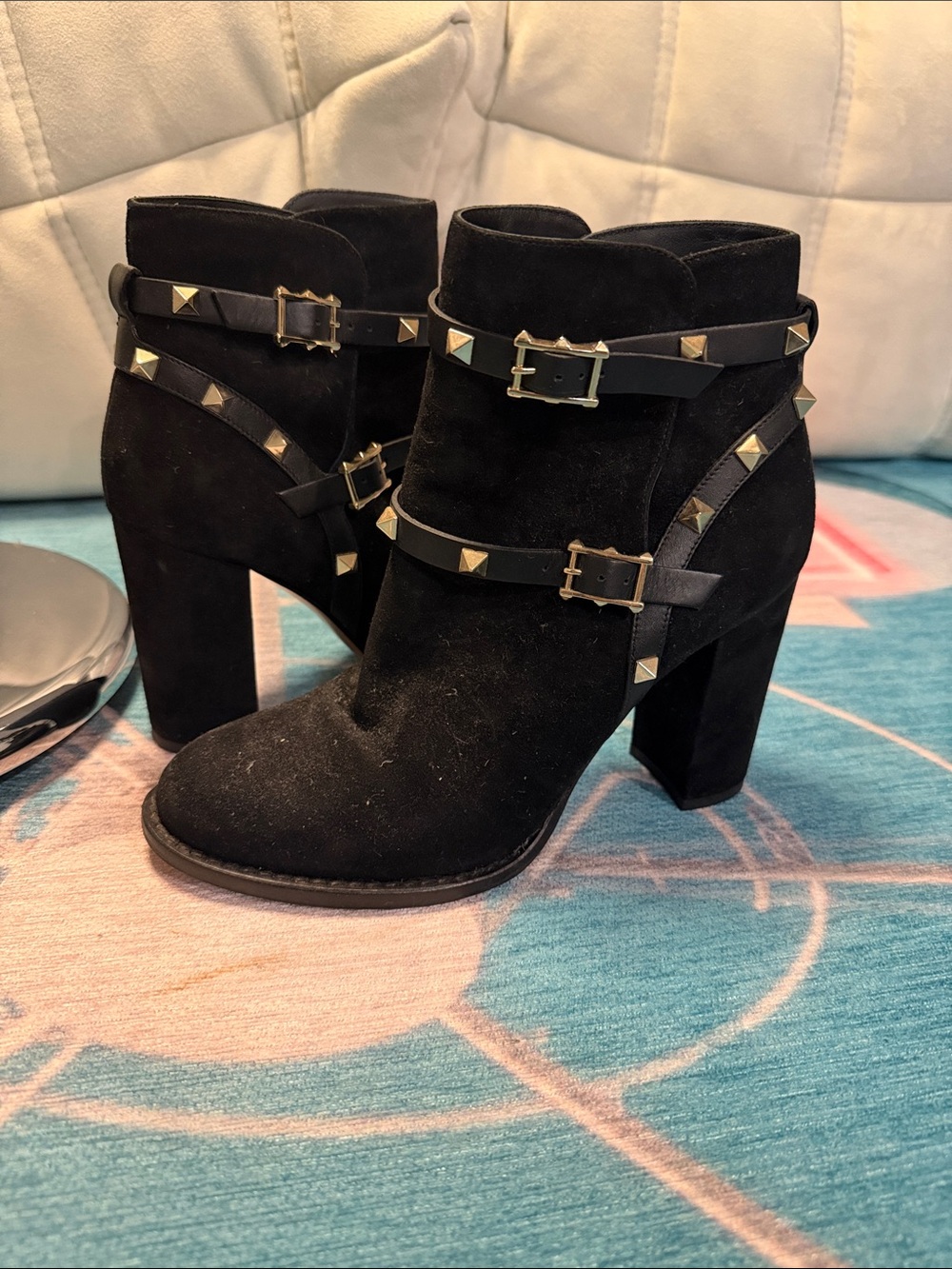 Valentino Rock-Studded Ankle Boots in Black Suede with Gold Studs